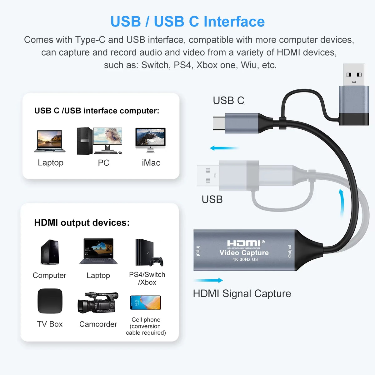 4K HDMI Video Capture Card USB 3.0 Type-C for PS5 Xbox Switch