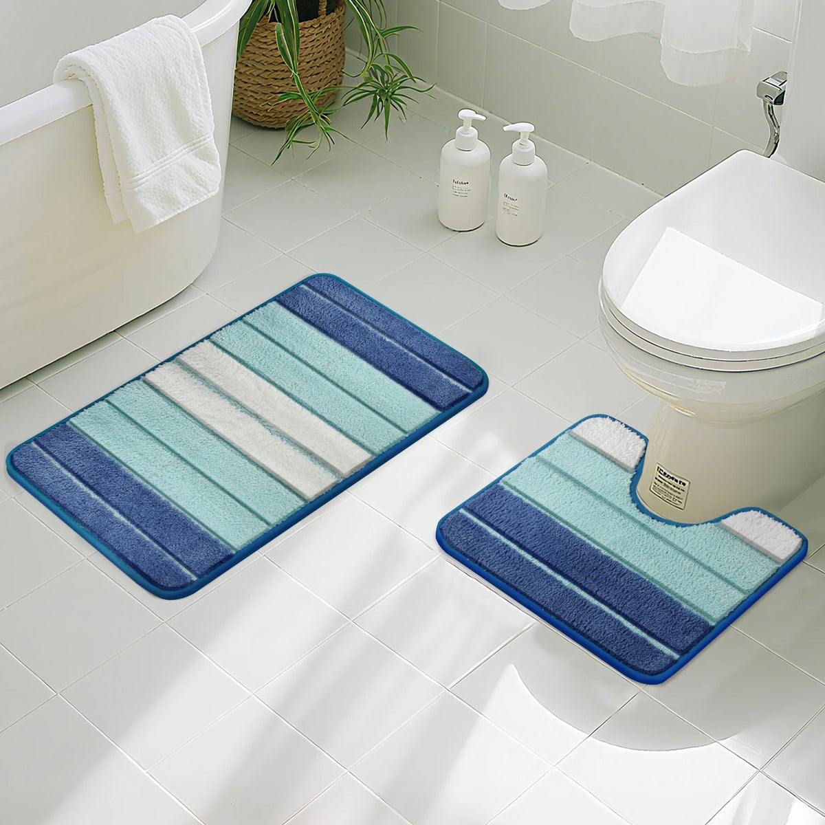 Striped Microfiber Bath Mat Set – Non-Slip Absorbent Shower Rugs