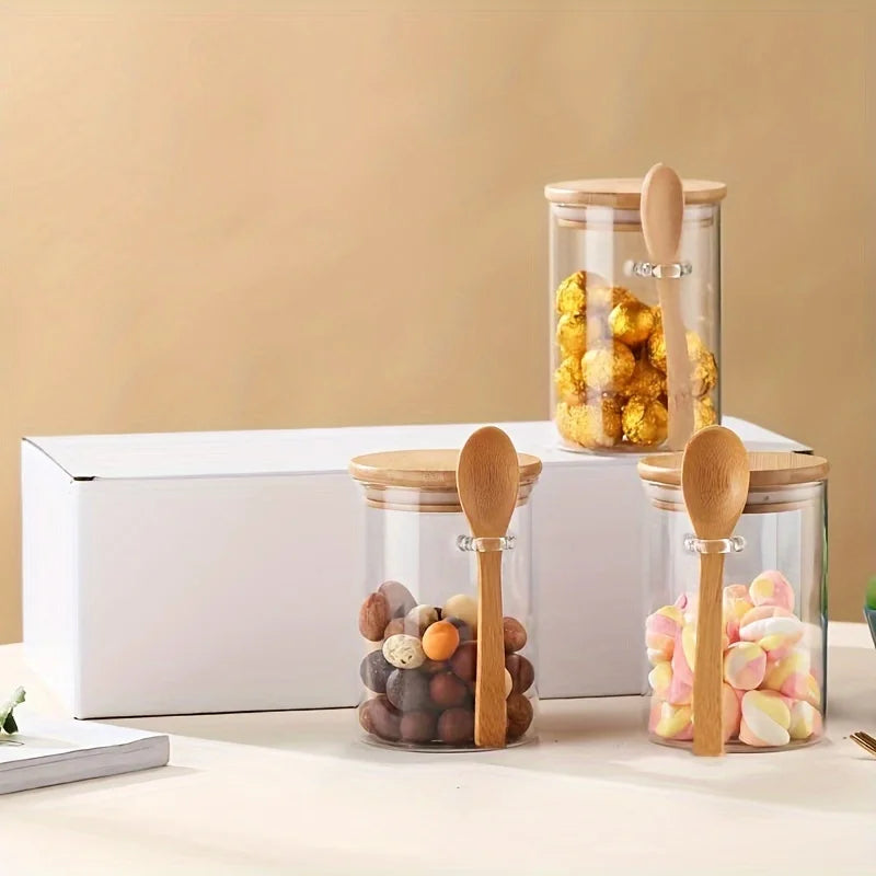 Glass Spice Jars with Bamboo Lid & Spoon – Airtight Canisters