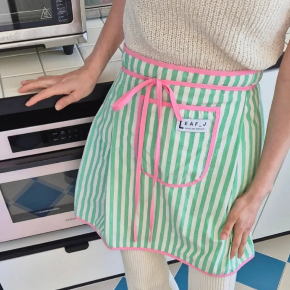 Striped Cotton Waist Apron with Pocket & Tie-Belt | Kitchen Half Apron