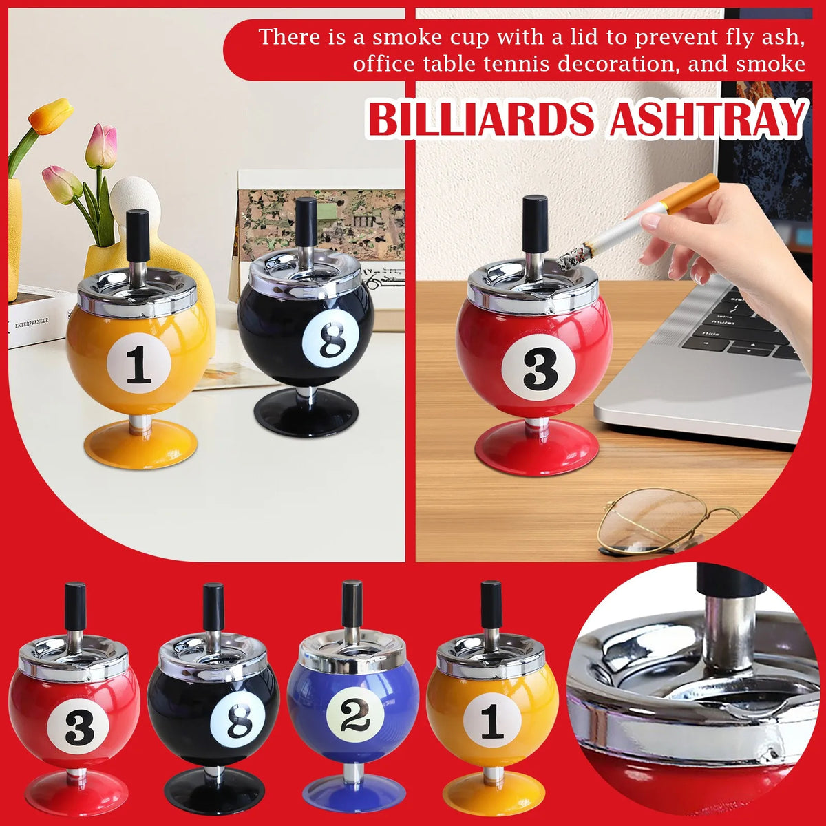 VIBE Billiard Ashtray with Lid – Windproof Metal Cigar Ashtray