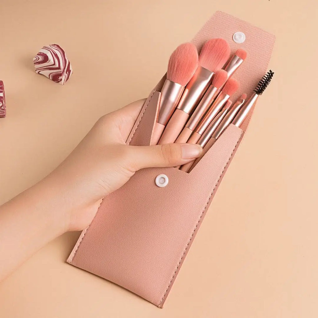 8-Pc Mini Makeup Brush Set with Pouch | Soft Synthetic Bristles