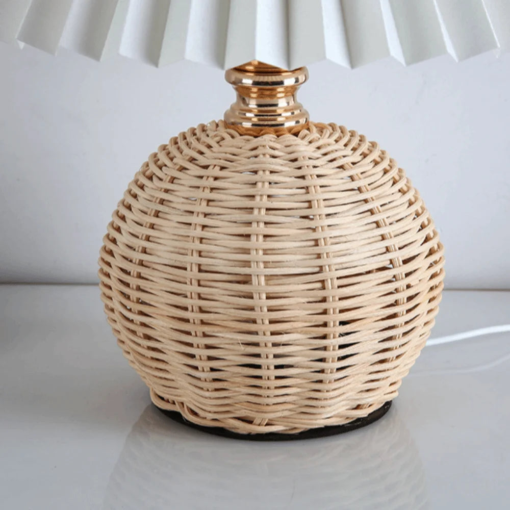 Pleated Fabric Table Lamp – Rattan Base, 3 Color Temps