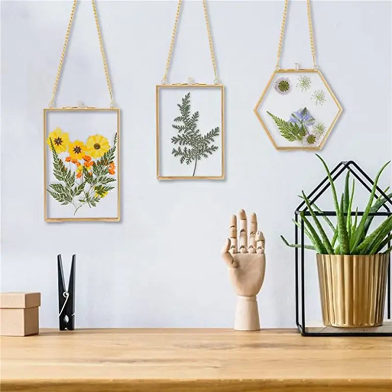 6-Pack Golden Hanging Glass Pressed Flower Frames with Chain