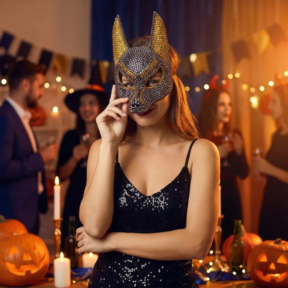 Rhinestone Wolf Head Masquerade Mask – Sparkly Half Face