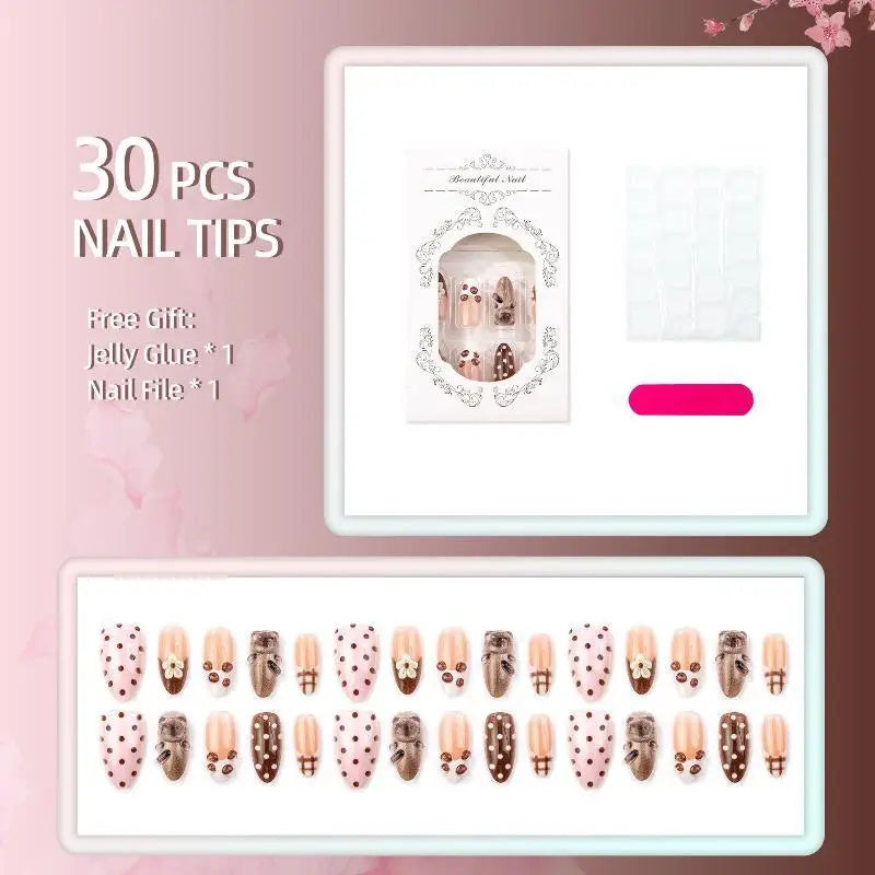 30Pcs Pink Brown Floral Press-On Nails – Cat Almond Tips Set