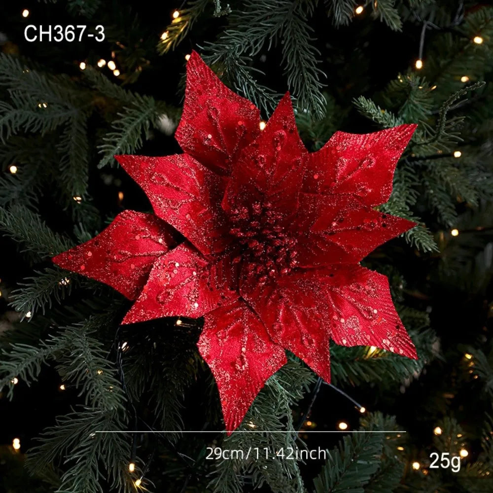 29cm Glitter Poinsettia Artificial Christmas Flower – Gold & Red