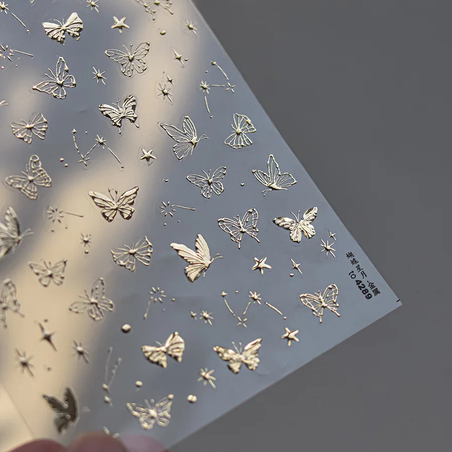 5D Embossed Silver Metallic Nail Art Stickers – Stars & Bows
