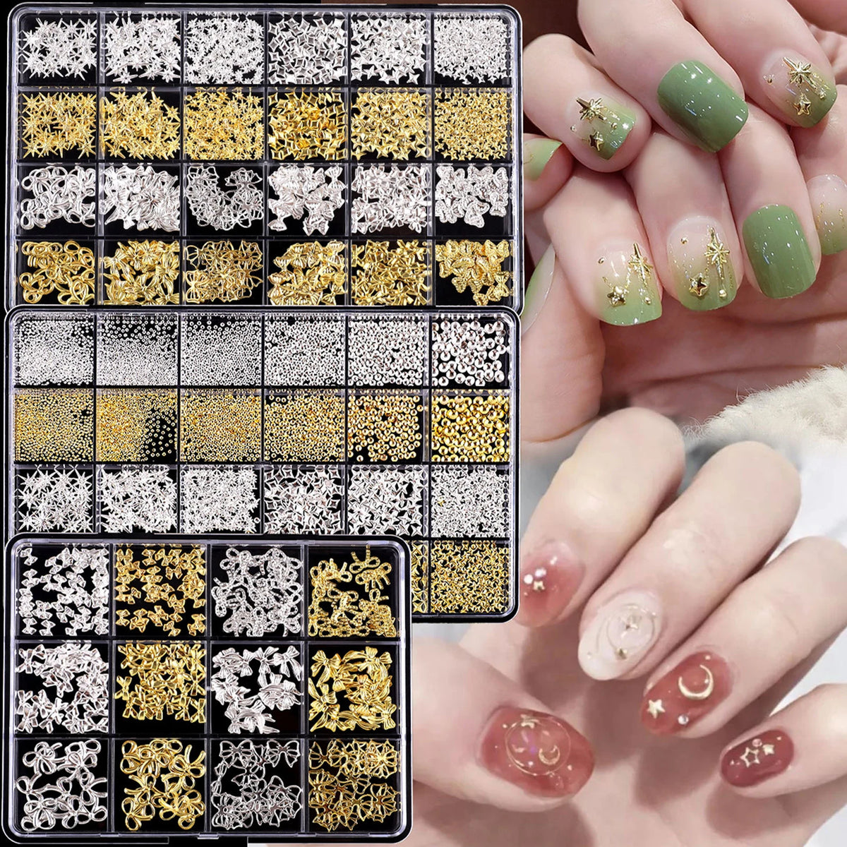 12-Size 3D Nail Art Rhinestones & Studs Set – Gold & Silver