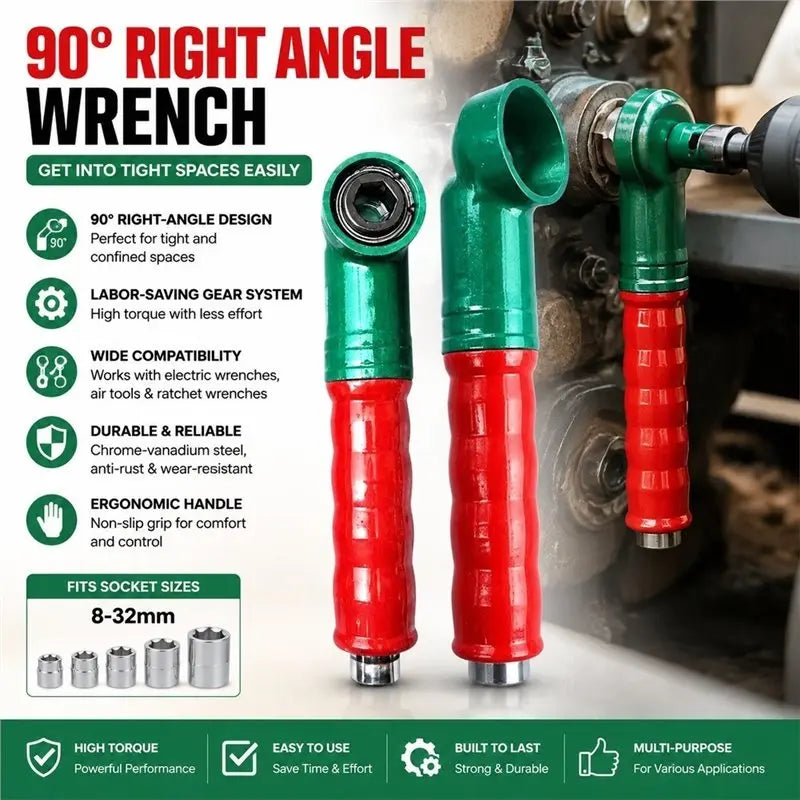 90° Right Angle Wrench Adapter 8–32mm Socket Gear Reduction