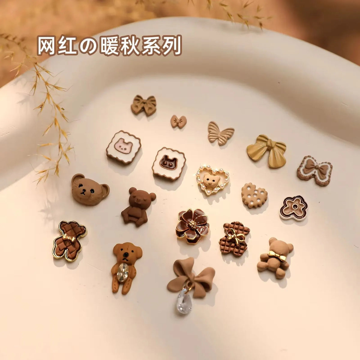 2PCS Autumn Metal Nail Charms Bear Bow Flower DIY Decorations