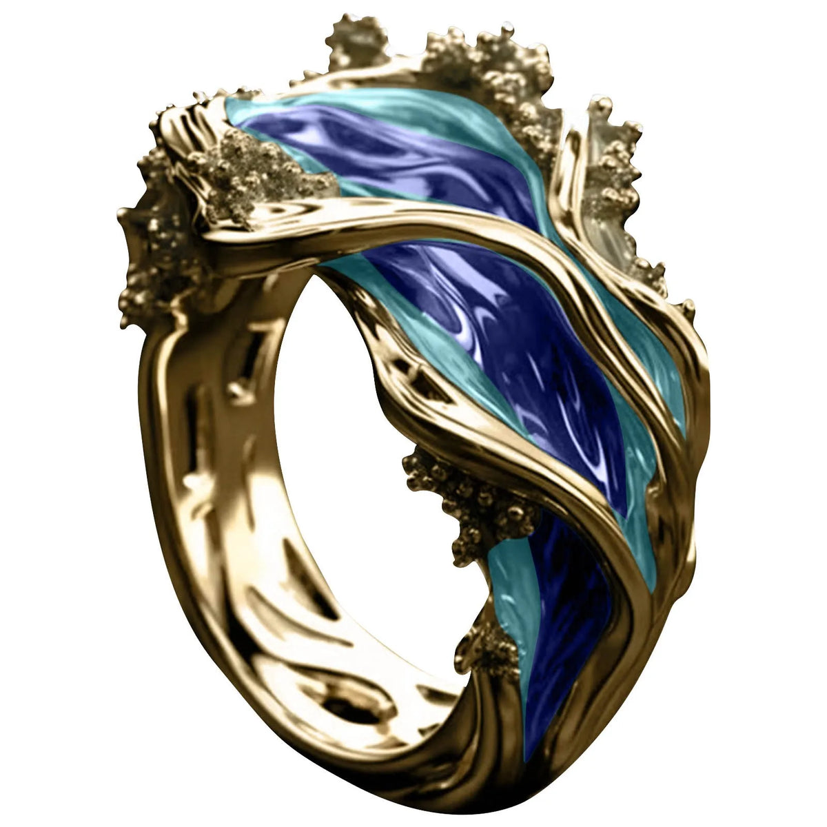 Wavy Ocean Ring Gold Blue Green Fashion Statement Ring