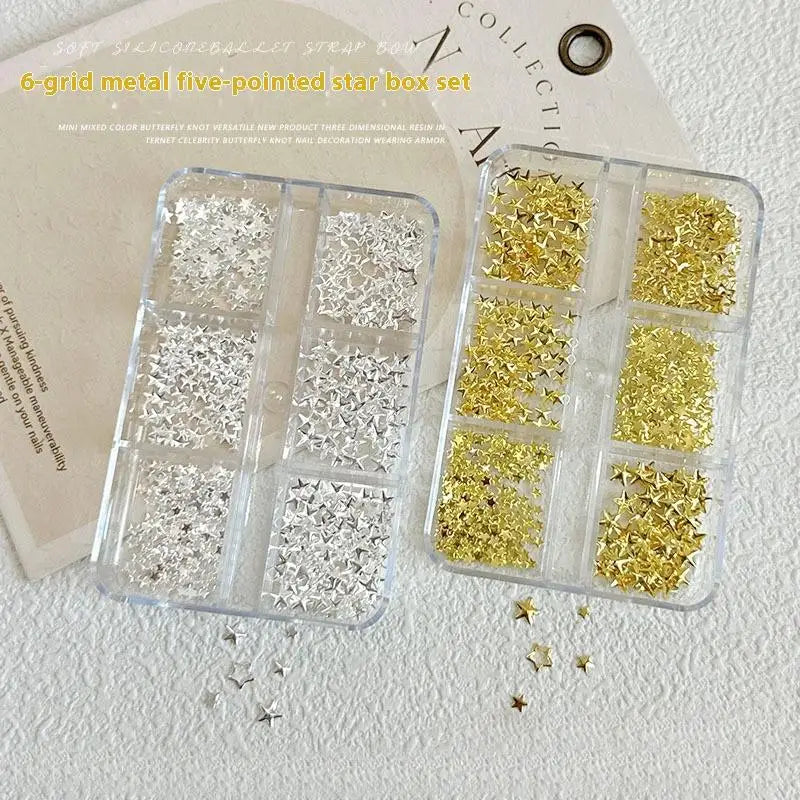 6-Grid Nail Art Rhinestones Gold Silver Charms Rivet Kit