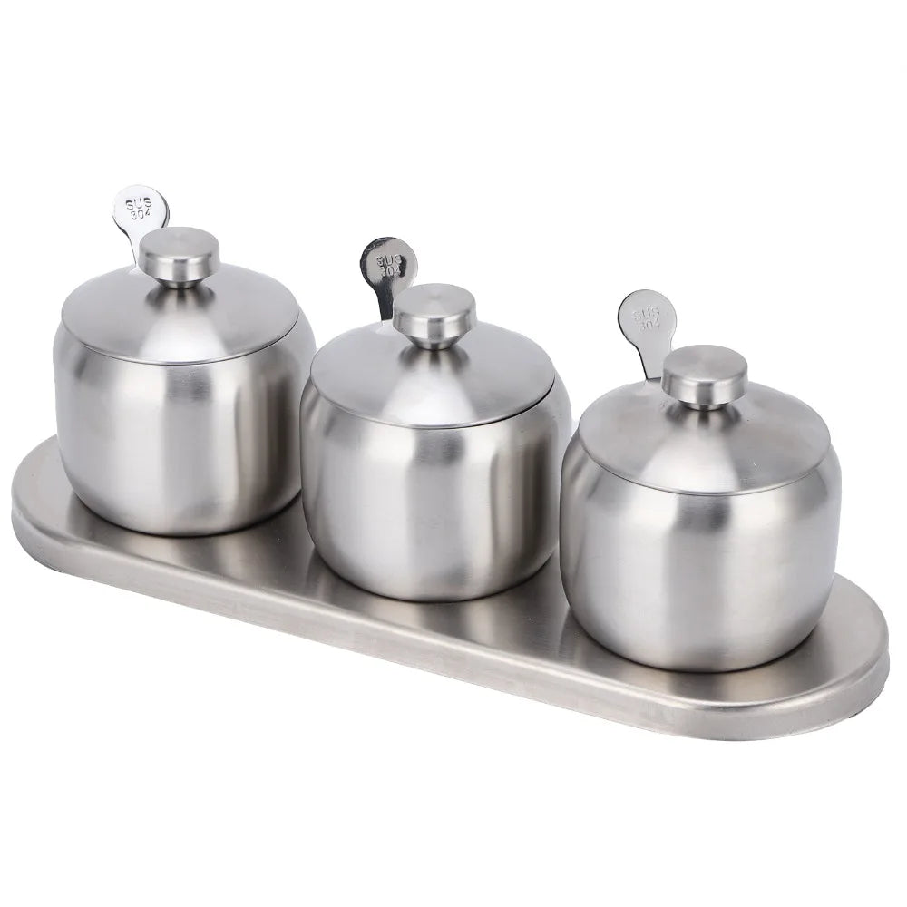 304 Stainless Steel Seasoning Pot Set with Lid & Spoons 300ml