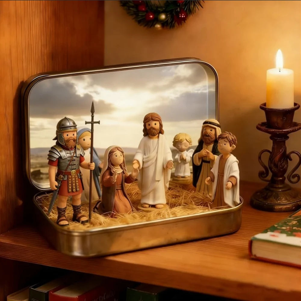Mini Christmas Nativity Figurine Set with Tin Box | Resin Scene