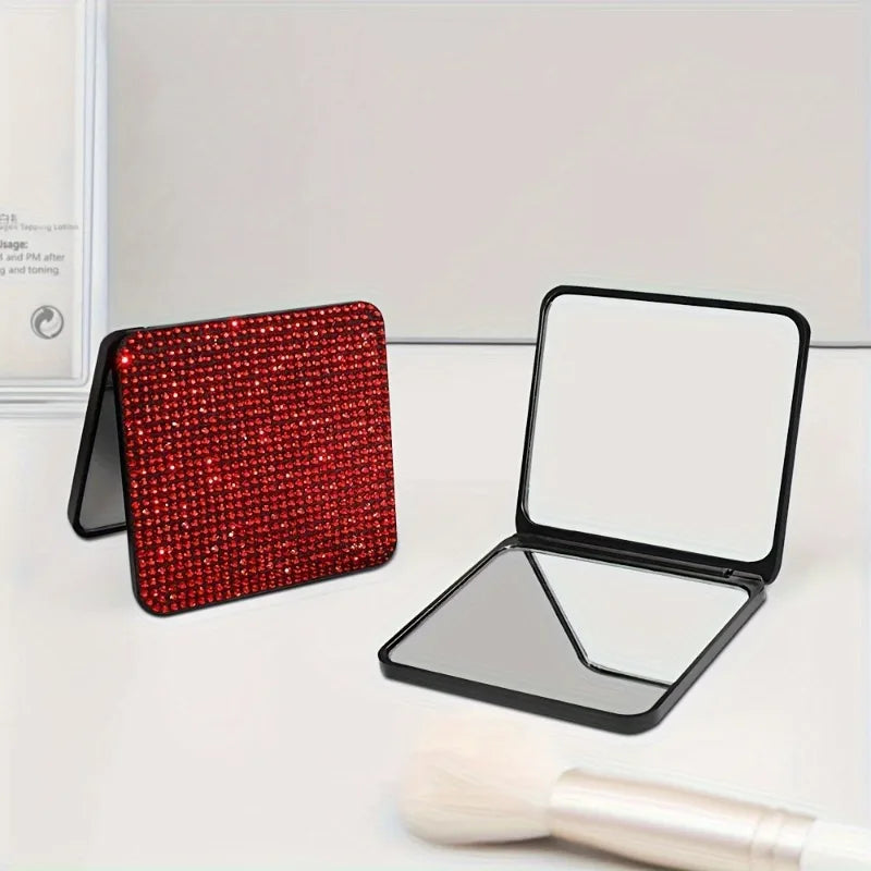 Rhinestone Folding Makeup Mirror – Dual-Sided Compact