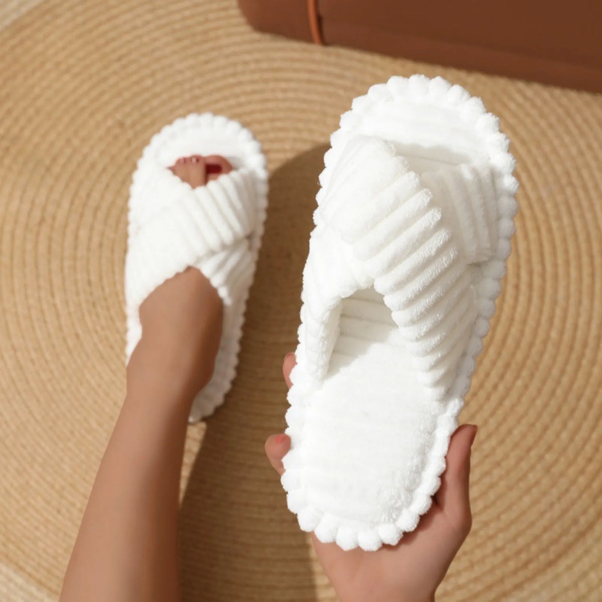 Women's Corduroy Cross-Band Plush Memory Foam Slippers