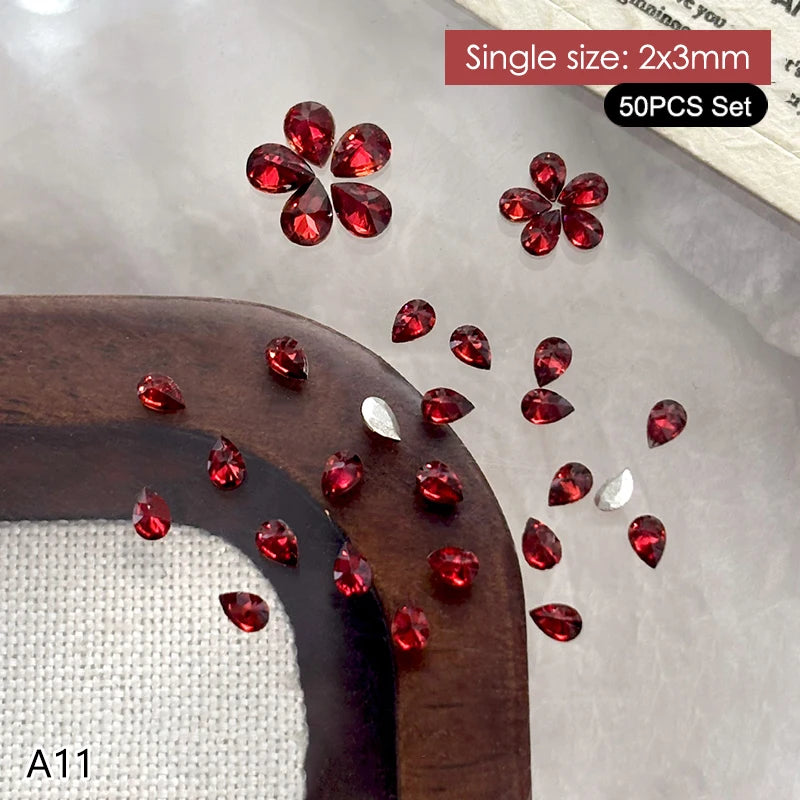50Pcs Water Drop Zircon Nail Rhinestones 3D Flatback Crystal Gems