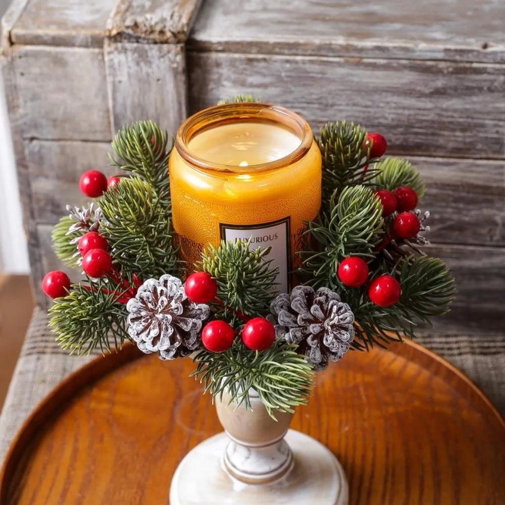 Christmas Pine Cone Red Berry Candle Wreath Table Centerpiece