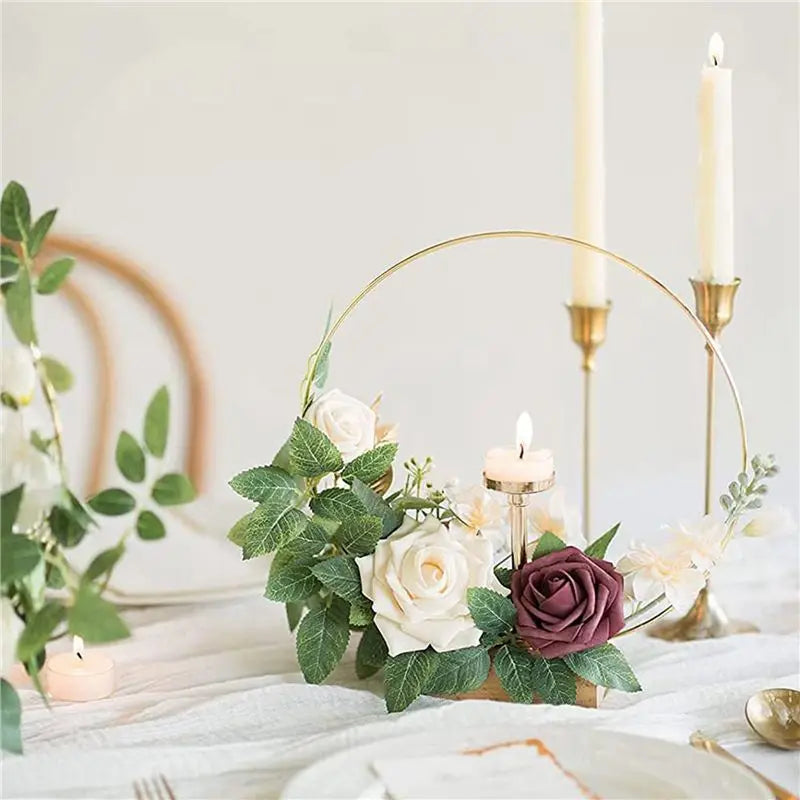 12" Gold Metal Floral Hoop Centerpiece Set – 18 Rings & Wood Stands