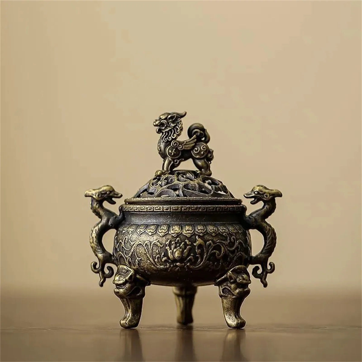 Brass Lotus Incense Burner Bowl – Lion Handle Meditation Décor
