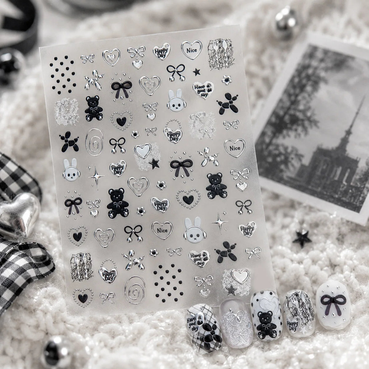 Retro Sweet Nail Stickers – Bear, Bow, Lace & Star Decals