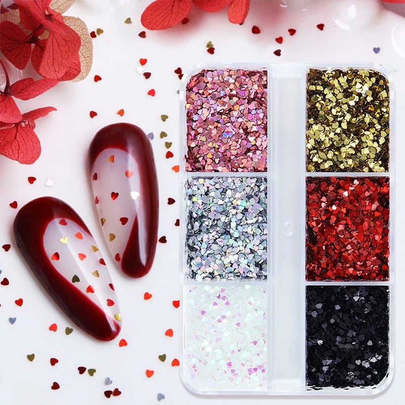 1mm Laser Heart Nail Glitter 6-Grid Set – DIY Nail Art