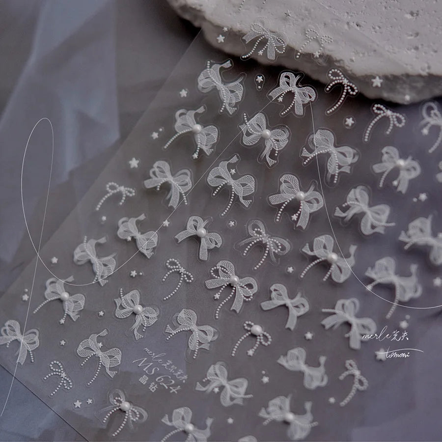 5D Lace Bow Nail Art Stickers – Pearl Rhinestone Decals