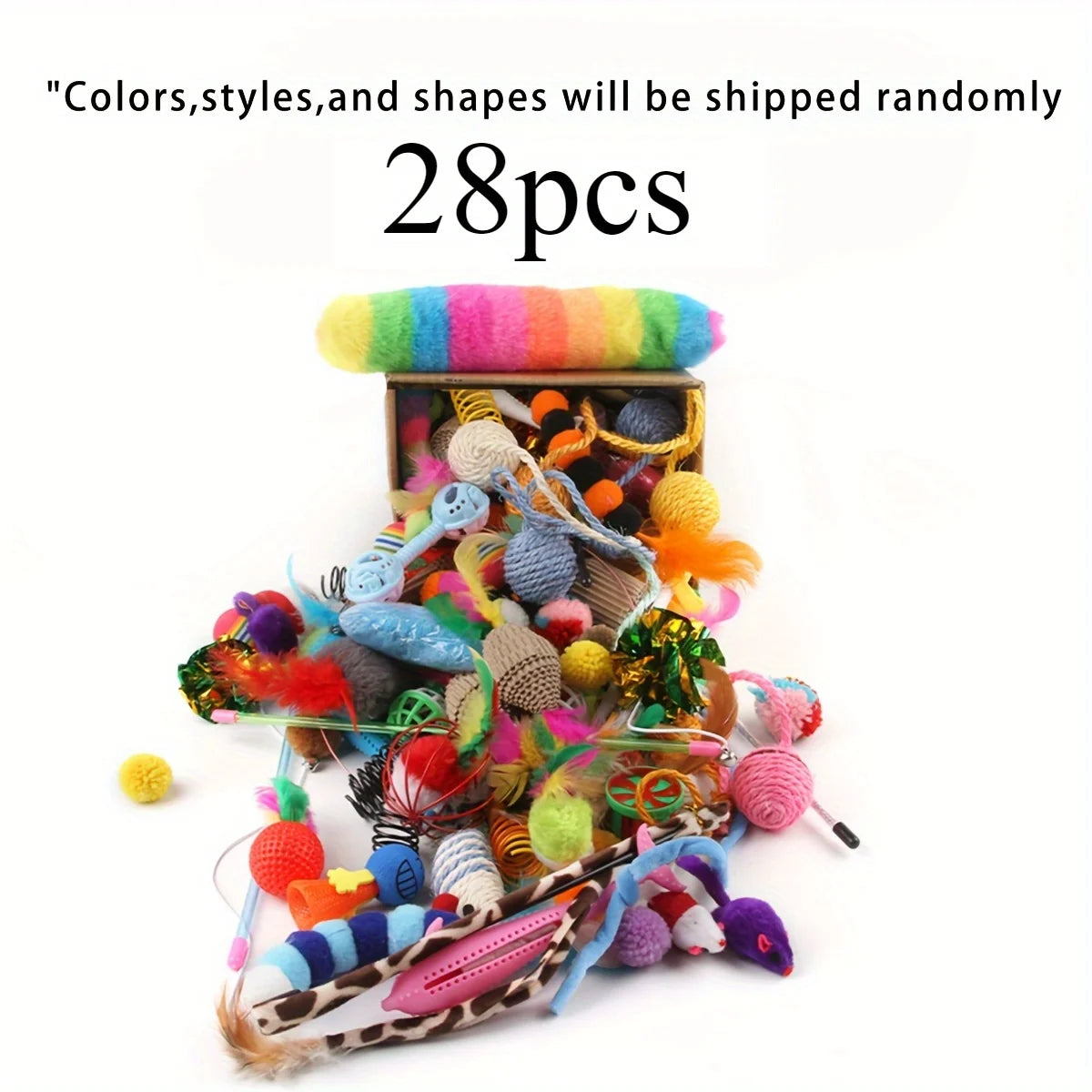 Cat Toys Mixed Pack – 14, 26 or 56 Piece Plastic & Plush Set