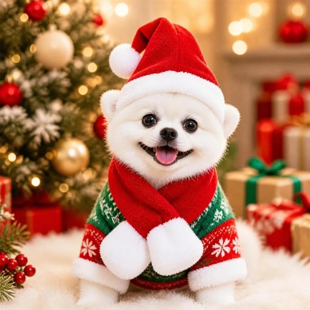 Christmas Dog & Cat Scarf Hat Set – 2 Pcs for Small Pets