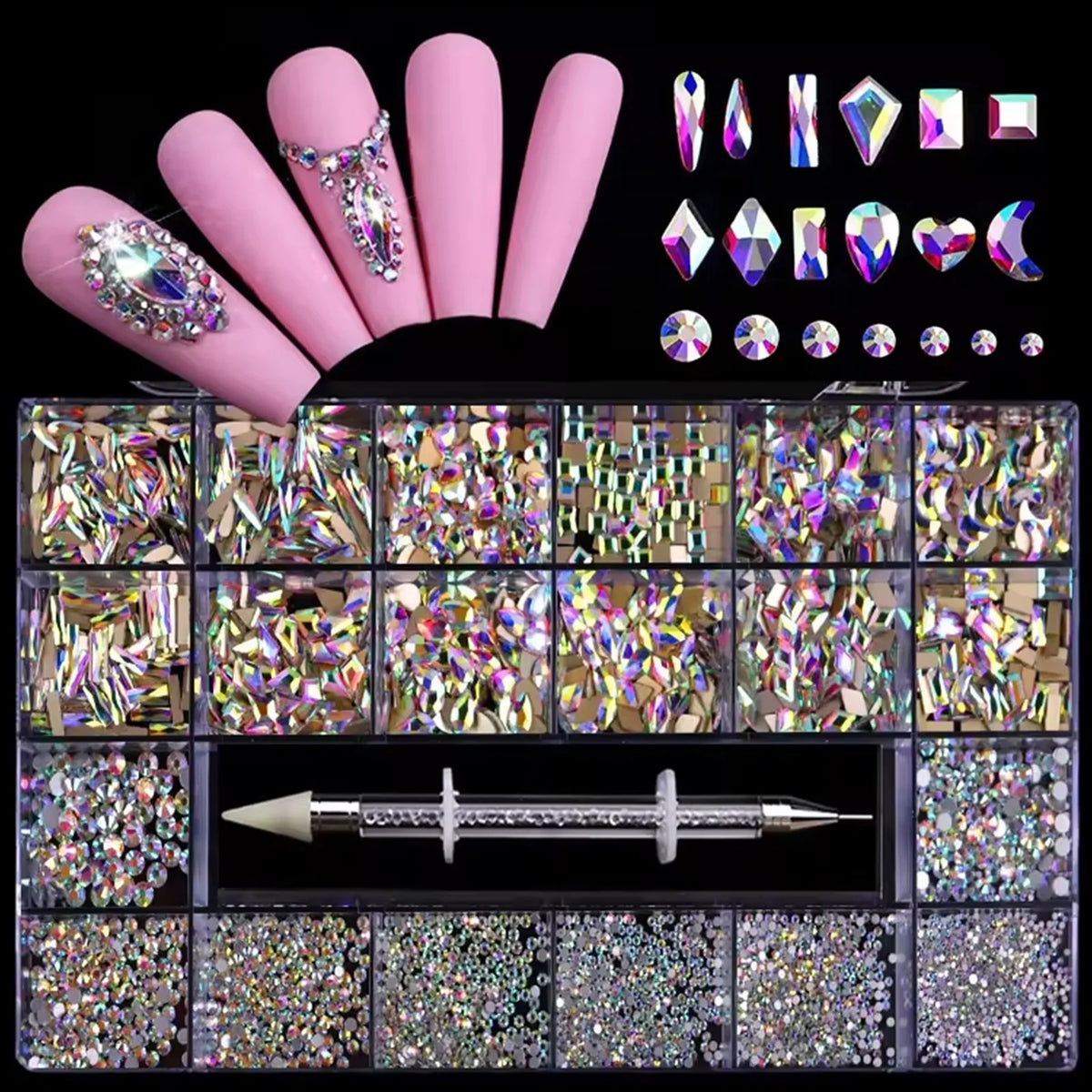 480pcs Nail Rhinestone Set – 21 Grid Mixed Diamond Gems
