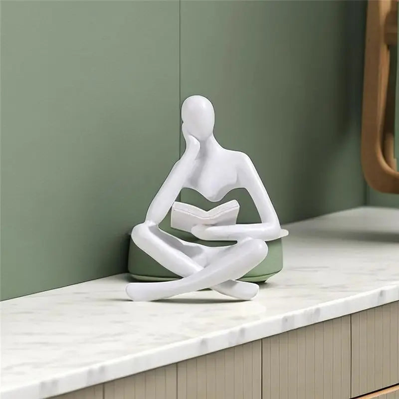 White Thinker Resin Reading Statue – Modern Book Decor Sculpture