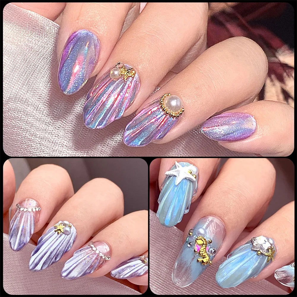140pcs 3D Shell Press-On Nails Iridescent Rhombus Almond