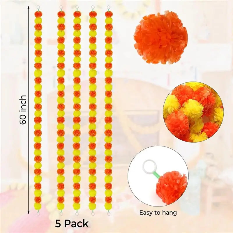 Artificial Marigold Garland 5Pcs 5 Ft – Orange & Yellow Décor
