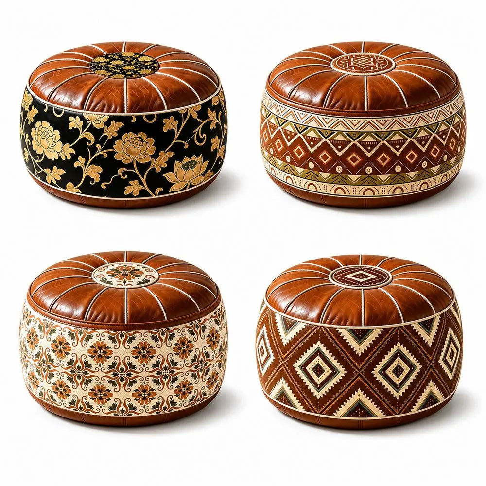 Boho Round Storage Ottoman Pouf Cover – PU Leather Waterproof