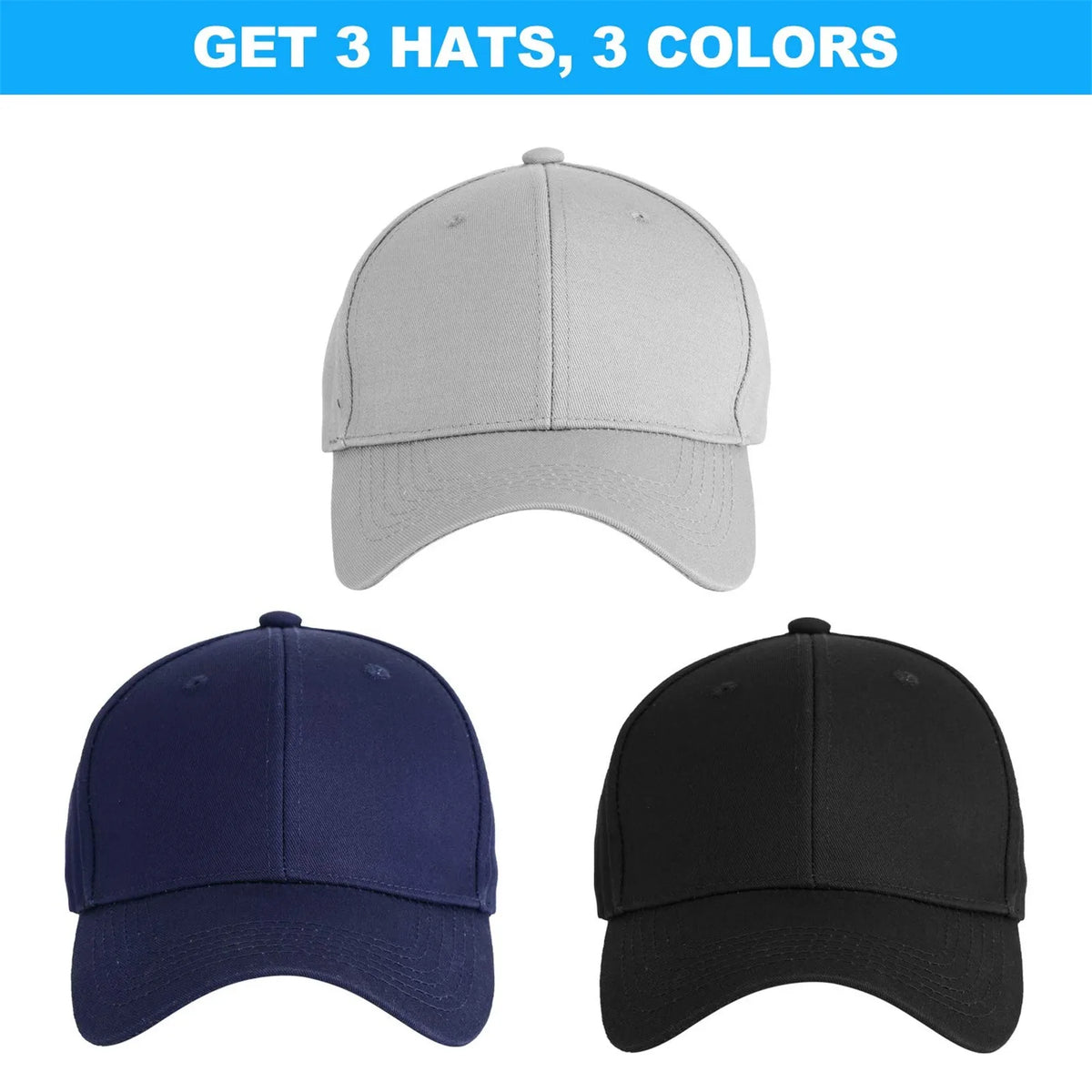 Classic Solid Color Baseball Cap – Unisex Adjustable 3-Pack