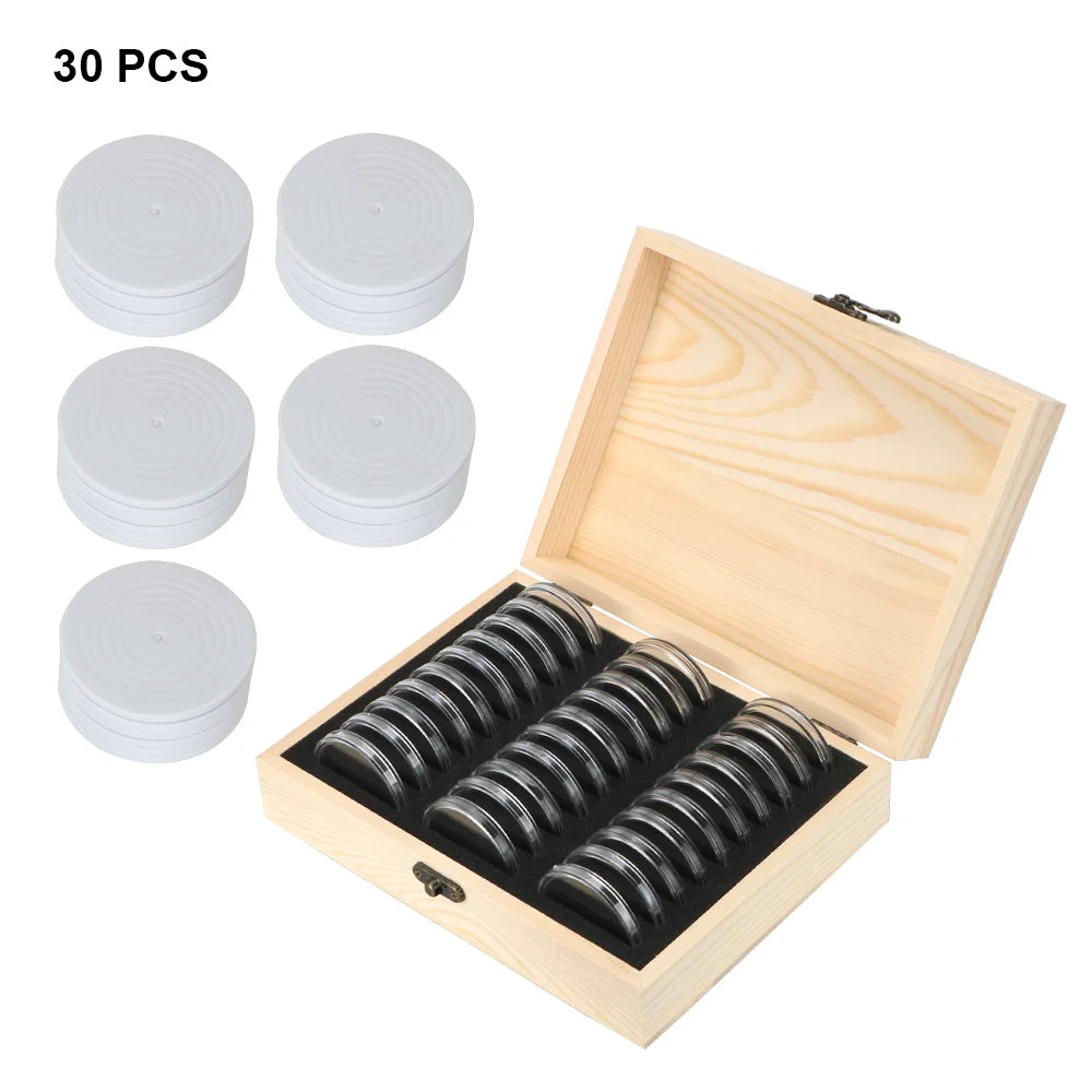 Wooden Coin Storage Box with Capsules & Pads – 20 to 100 Slots