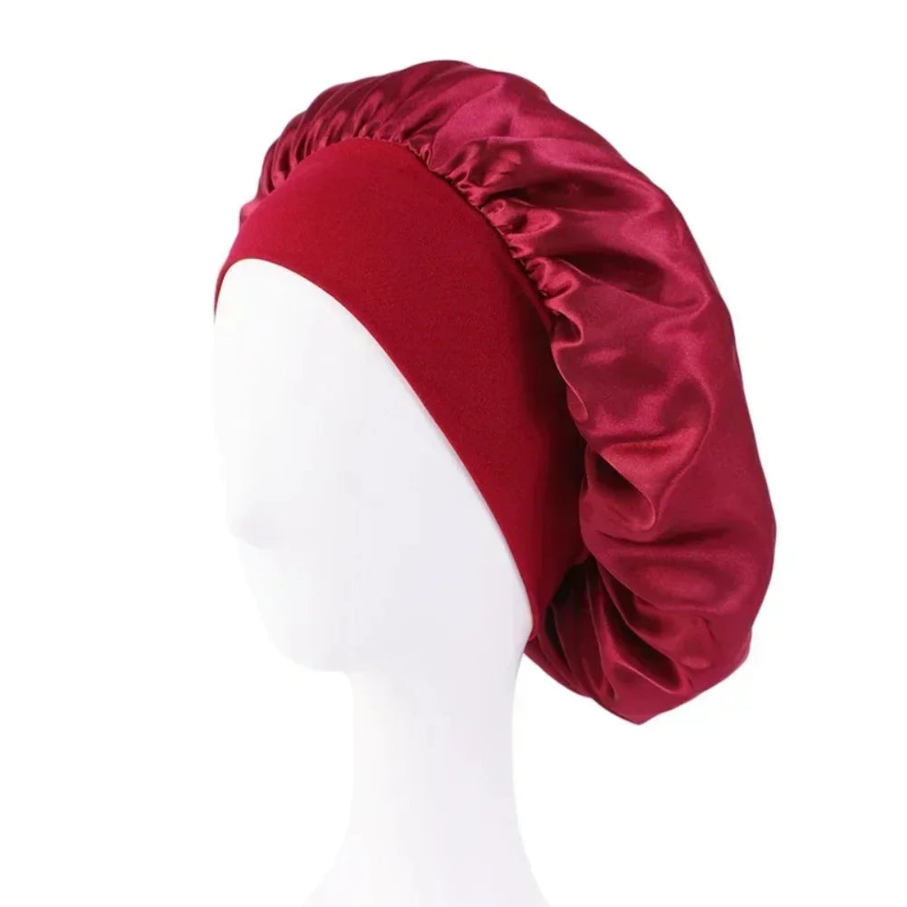 Satin Nightcap Wide-Brim Sleep Cap with Elasticated Band