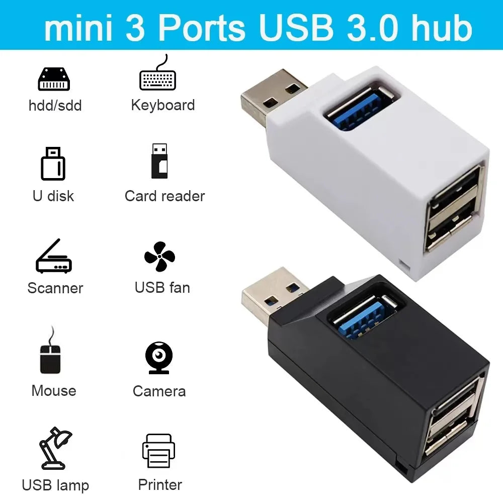 USB 3.0 Hub 3-Port Splitter Adapter for Laptop & Car