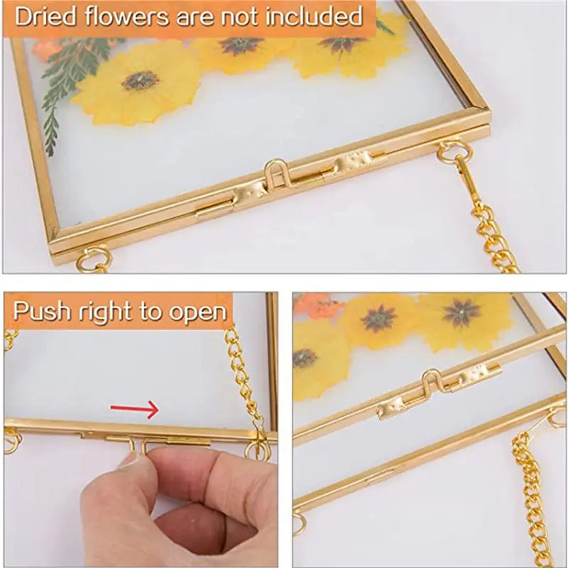 6-Pack Golden Hanging Glass Pressed Flower Frames with Chain