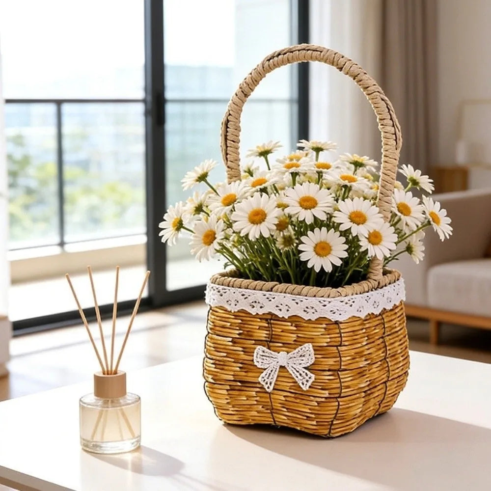 Handwoven Imitation Rattan Storage Basket with Handle – 2 Colors