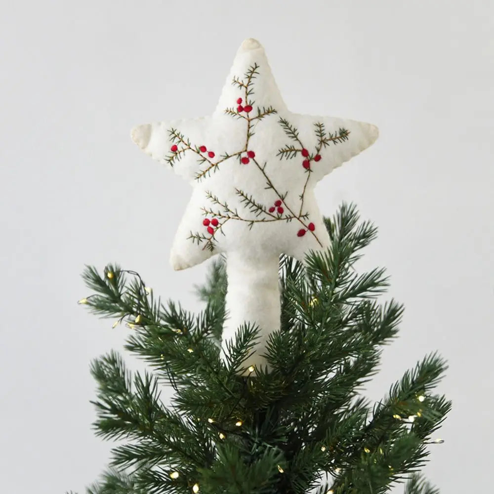 Felt Star Christmas Tree Topper – Embroidered Pine & Berries