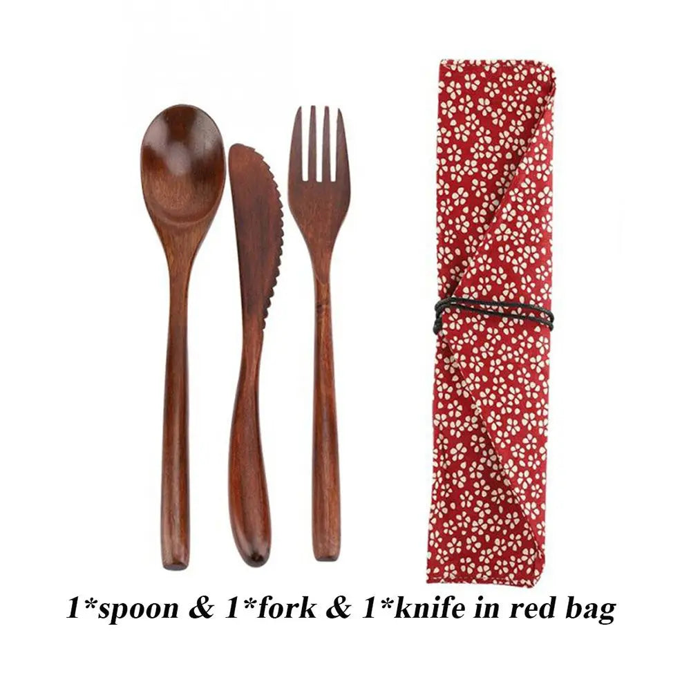 Reusable Wooden Cutlery Set – Knife Fork Spoon with Carry Bag