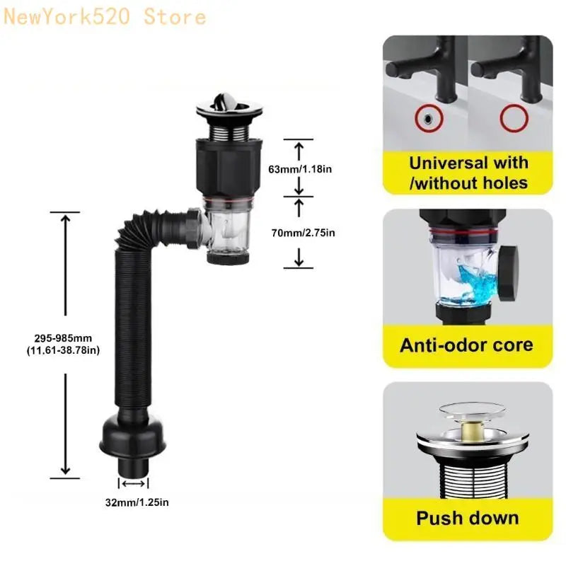 Stretchable Sink Drain Pipe with Odor-Block Strainer