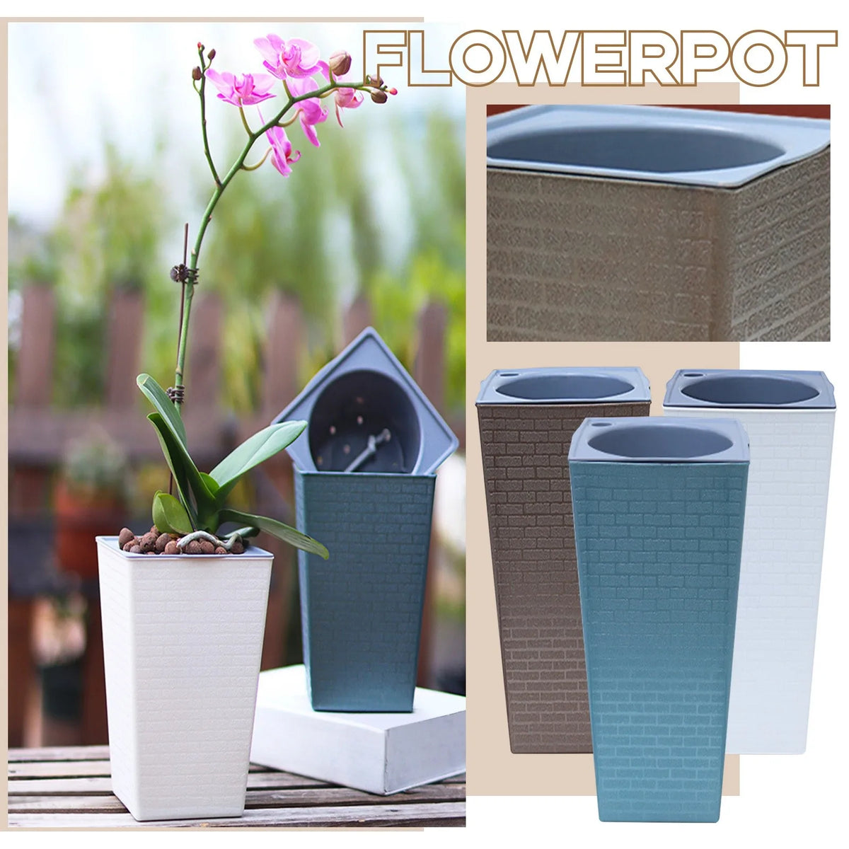 Large Square Brick Pattern Plastic Planter – Tall Flower Pot