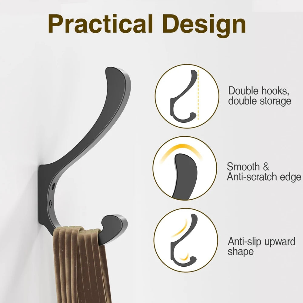 Heavy Duty Wall Mount Coat Hooks – Black Aluminum Set of 8