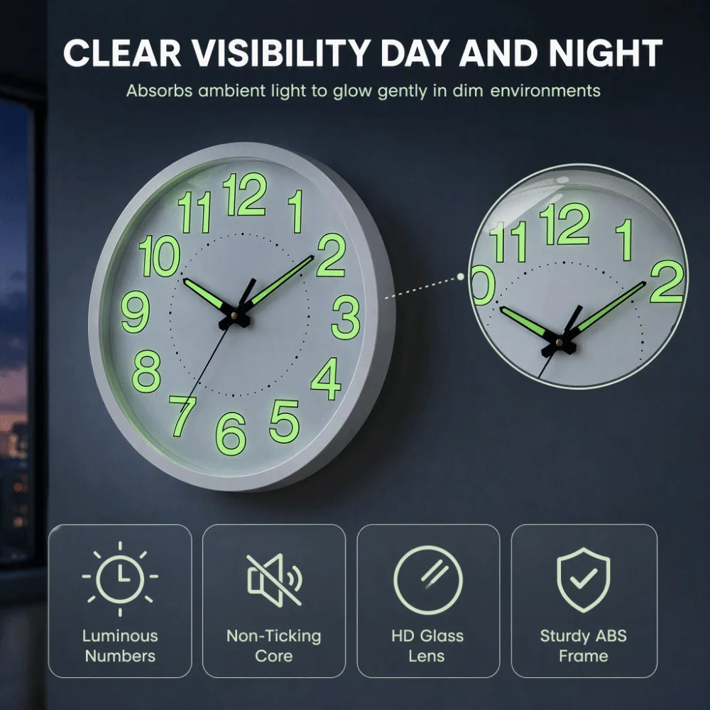 12-Inch Silent Quartz Wall Clock – Glow in Dark, Non-Ticking