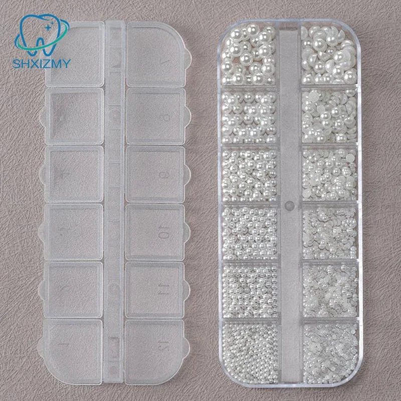 12-Grid 3D White Pearl Nail Charms – Mixed Beads Nail Art Set