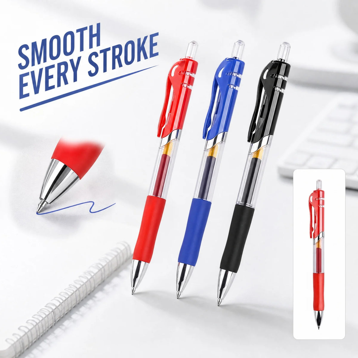VIBE 0.5mm Retractable Gel Pens – Black Blue Red Ink Set