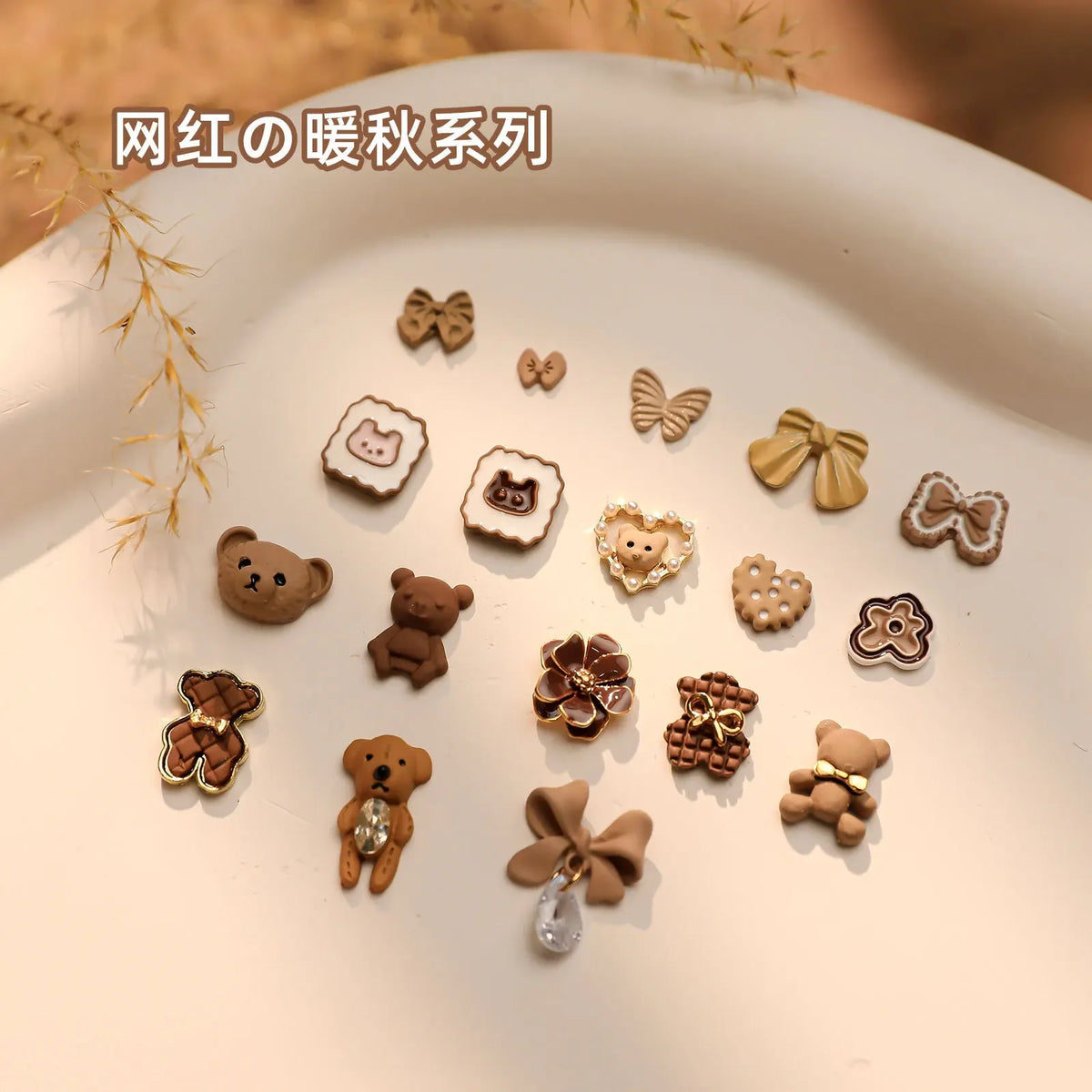 2PCS Autumn Metal Nail Charms Bear Bow Flower DIY Decorations